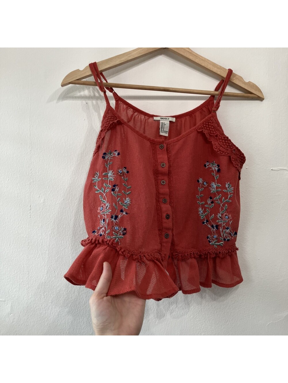 Fairy Cottage Boho Floral Embroidered Mesh Babydoll Ruffle Lace Cami Top Small